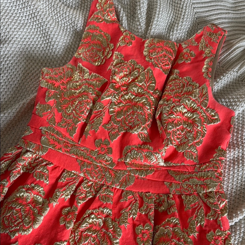 Floral neon coral  and Gold Sleeveless Dress